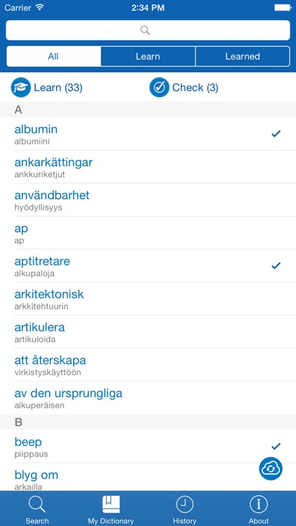 Swedish <> Finnish Dictionary + Vocabulary trainer