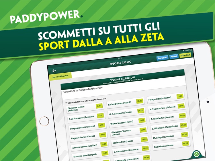 Scommesse Paddy Power per iPad. Calcio, Tennis, Serie A, Basket, Volley, Live Score.