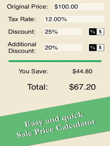Sale Price Calculator - Easy Quick Compute Discount And Tax Free iPad screenshot 1 - Utilities app