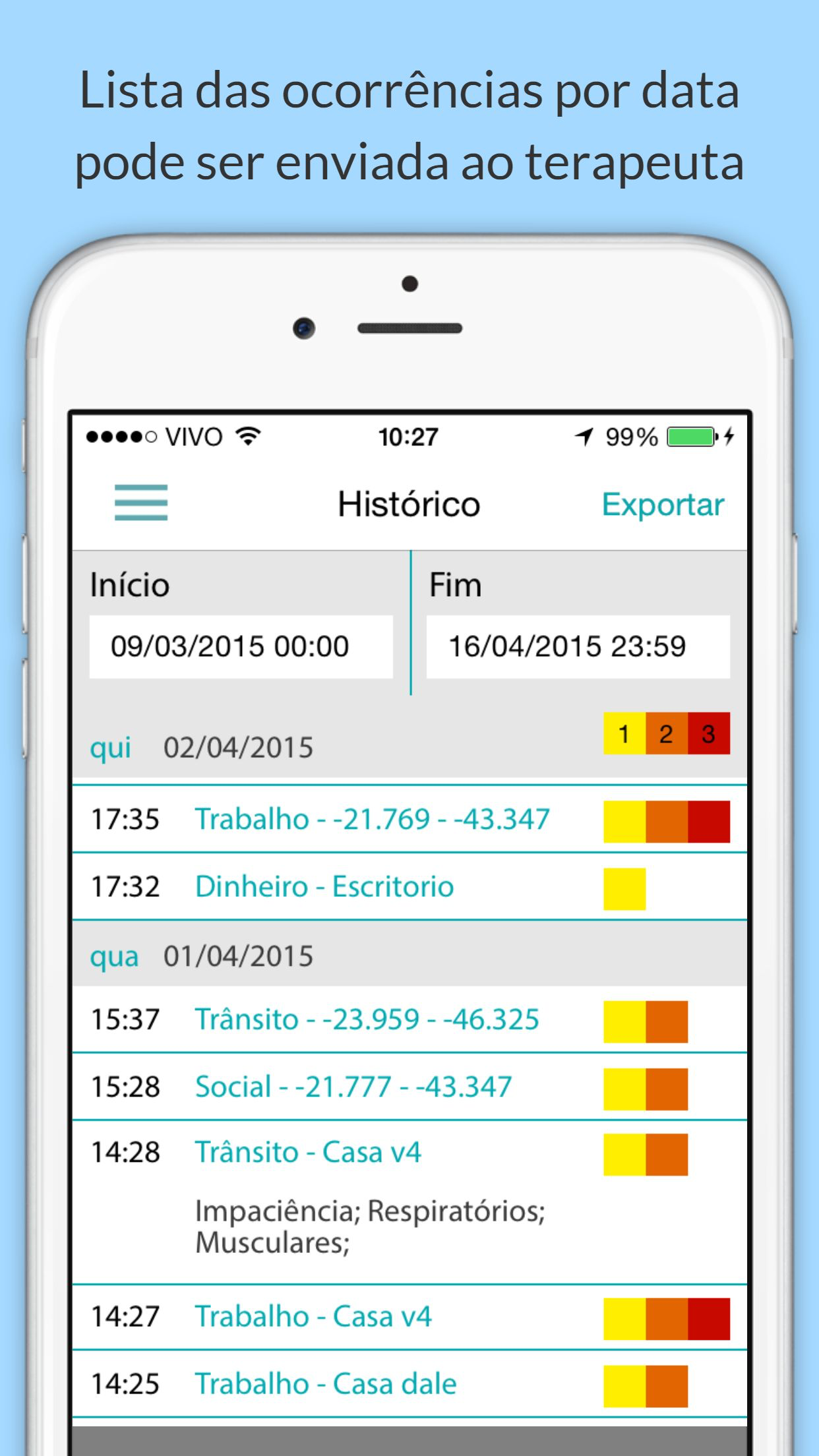 Stresslab - Ferramentas para autocontrole do stress. Para registrar com facilidade as ocorrências diárias de stress, oferecendo recursos, como gráficos e um guia de respiração e relaxamento, que auxiliam no controle e redução do stress. screenshot 4