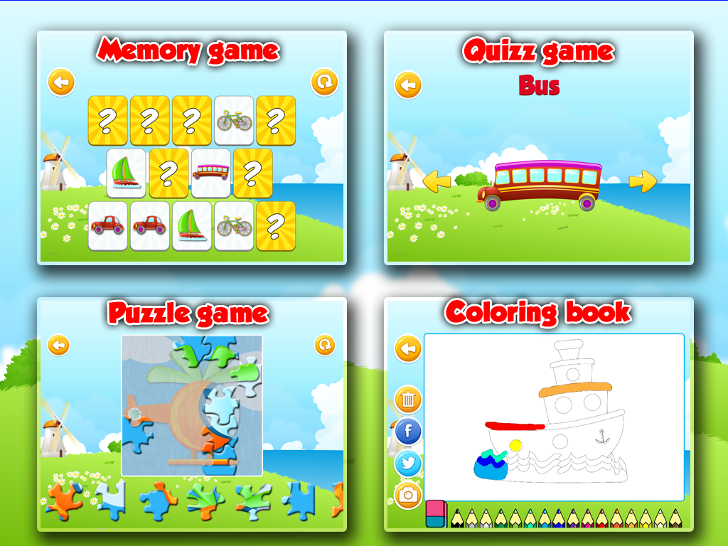 Vehicles and transportation : free coloring, jigsaw puzzles and educative games for kids and toddlers
