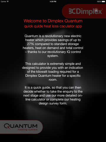 Dimplex Quantum heater sizing guide iPad screenshot