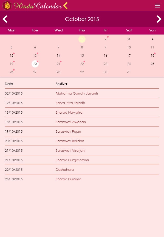 Hindu Calendar iOS screenshot 2