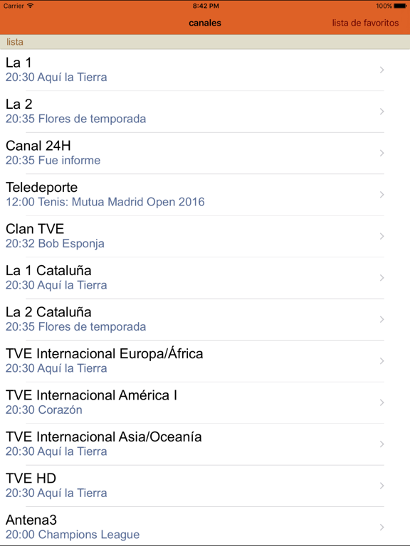 España listados de TV iPad screenshot
