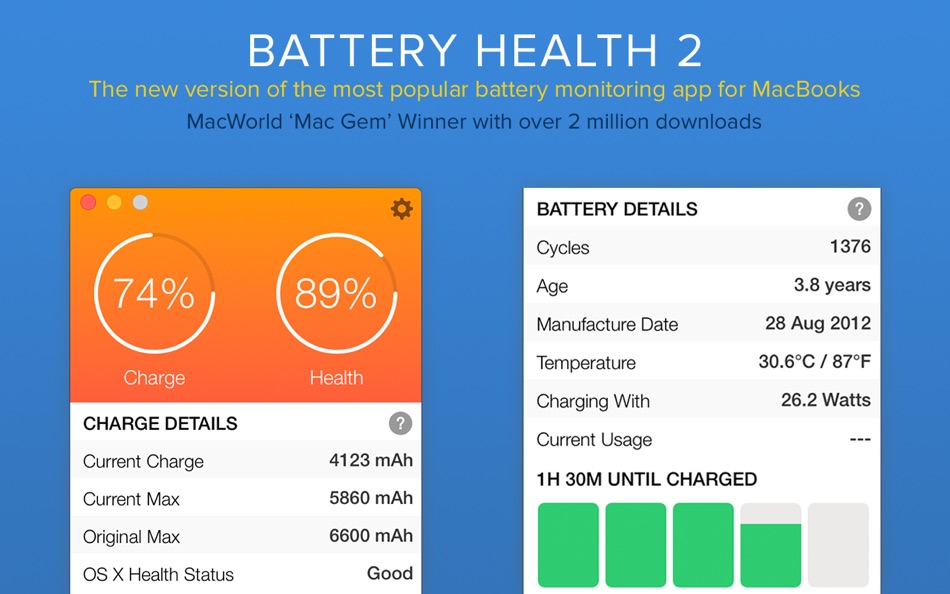 #1. Battery Health 2: Stats & Info (macOS) 来自: FIPLAB Ltd
