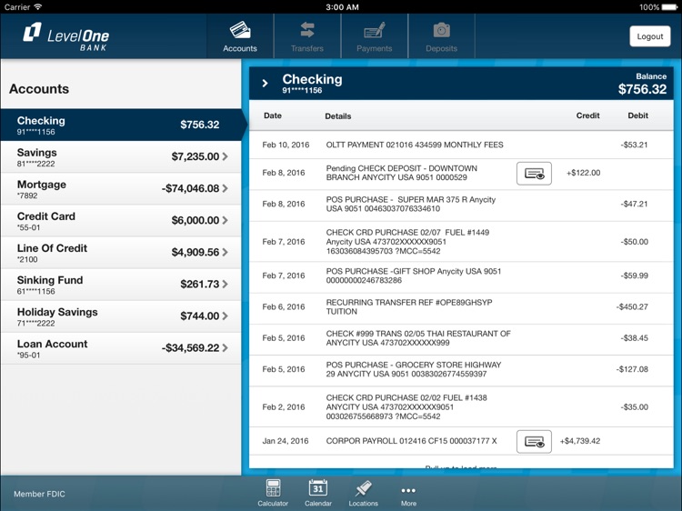 Level One Mobile Banking for iPad
