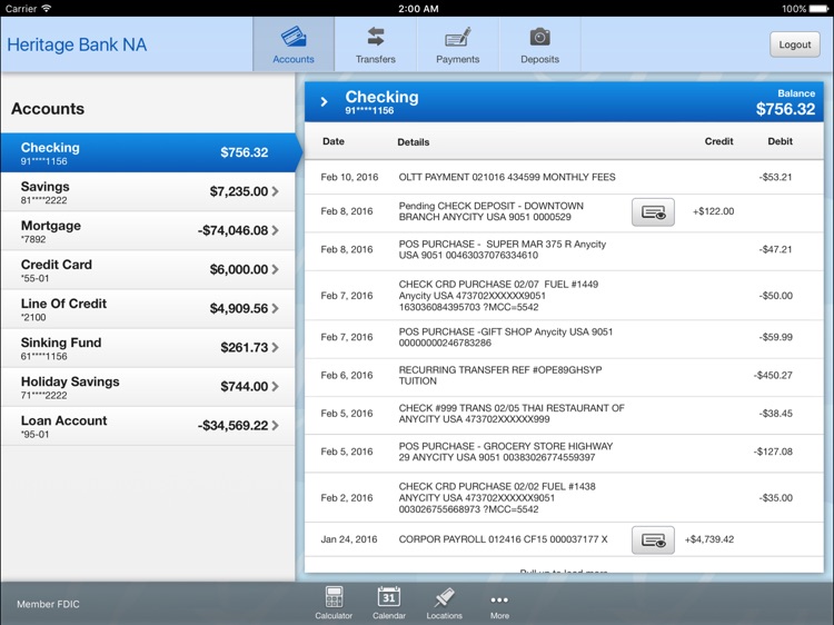 Heritage Bank NA Mobile Banking for iPad