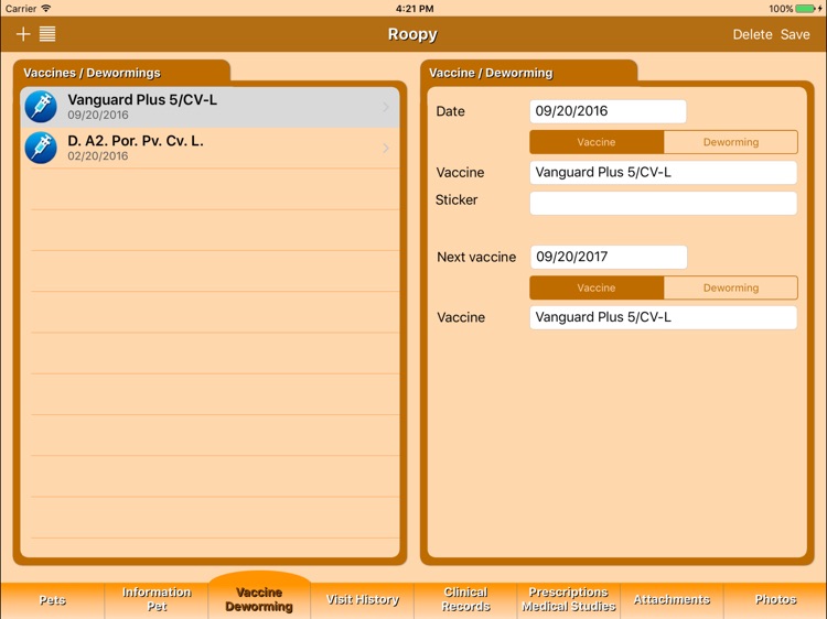 Pet's Veterinary Records