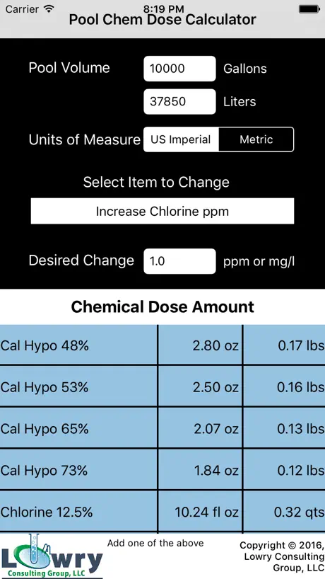 Pool Chemical Dose Calculator