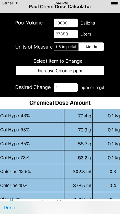 Pool Chemical Dose Calculator Screenshot