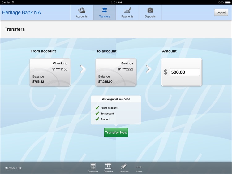 Heritage Bank NA Mobile Banking for iPad screenshot-3