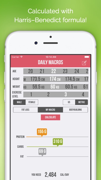 Daily Macros - Harris Benedict Formula Based Carb, Protein, Fat Macronutrient ratios and Calorie Calculator screenshot 3