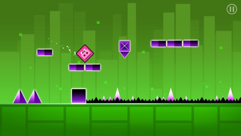 Geometry Run - Make The Block Dash - Witness the agile pink diamond character navigating a challenging green-hued obstacle course, showcasing diverse platform arrangements and perilous spikes.