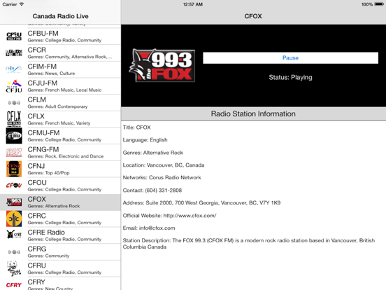 Canada Radio Live iPad screenshot