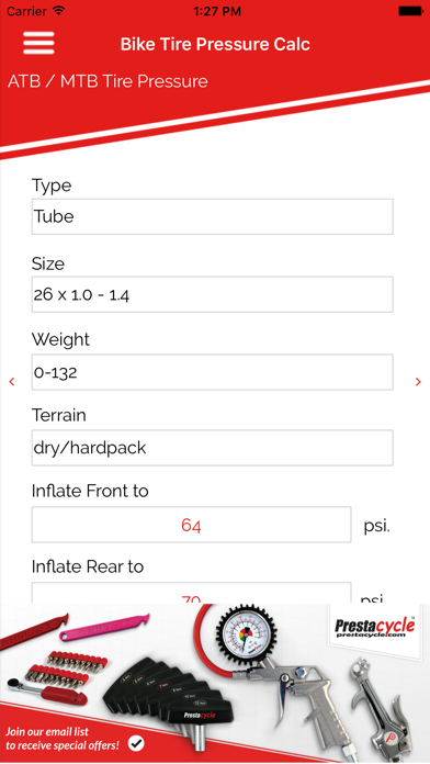 Screenshot #2 pour Prestacycle Bicycle Tire Pressure Calculator