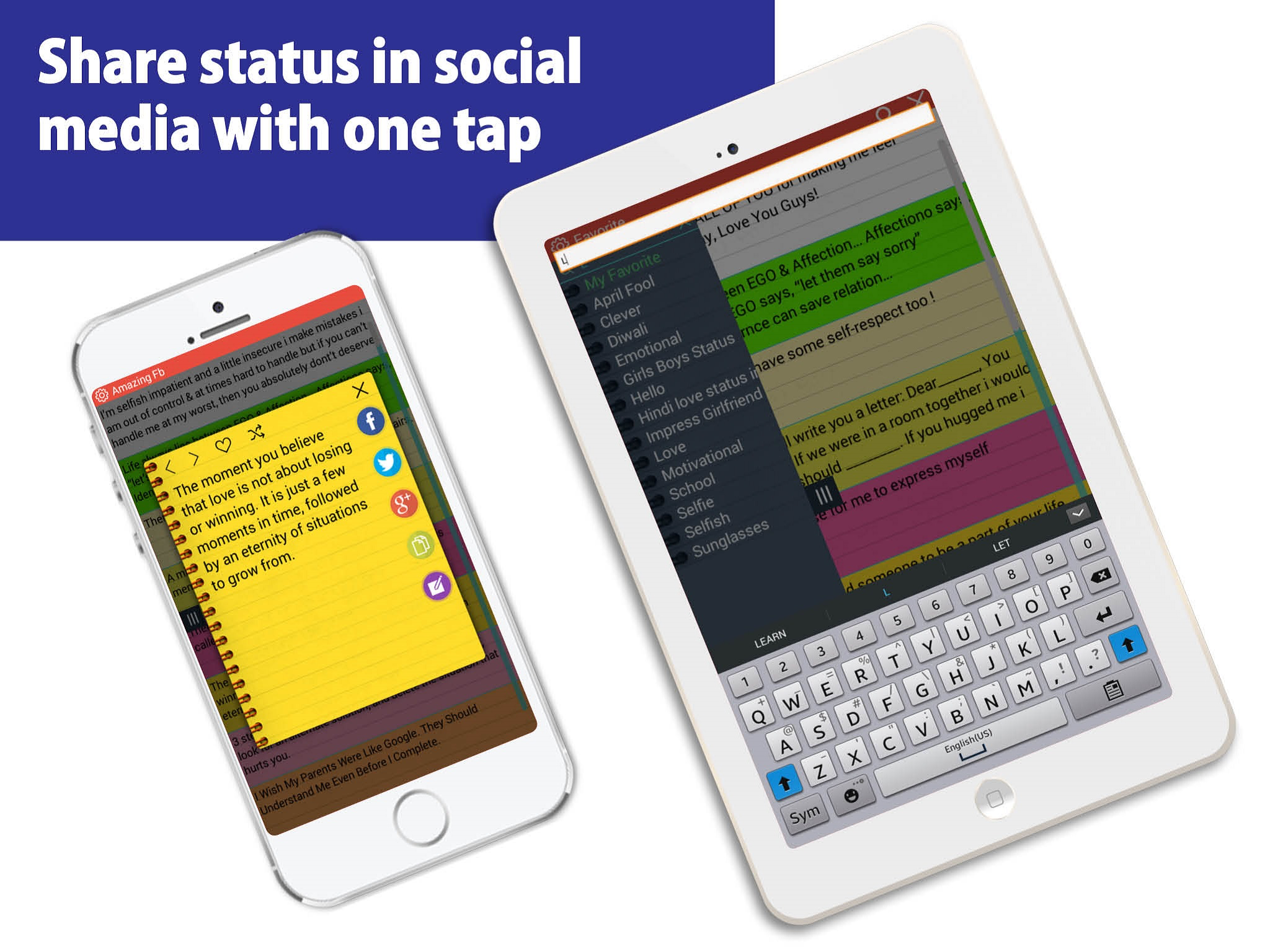 Status and quotes for FB, Whatsapp and Twitter, soStatus - one tap posting on social media