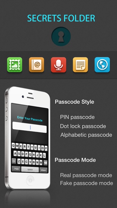 Screenshot #1 pour Secrets Folder Pro (Lock your photos, videos, contacts, accounts, notes and browser)