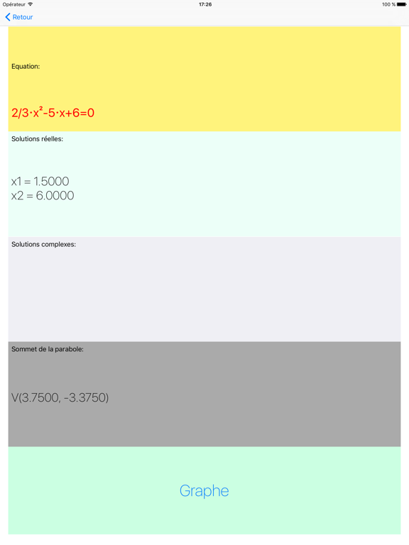 Screenshot #6 pour Parabole - résout les equations quadratiques et biquadratiques, solutions réelles et complexes