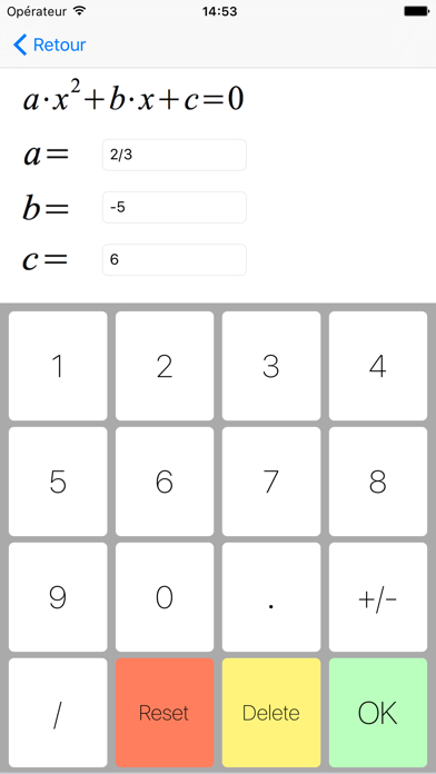 Screenshot #1 pour Parabole - résout les equations quadratiques et biquadratiques, solutions réelles et complexes