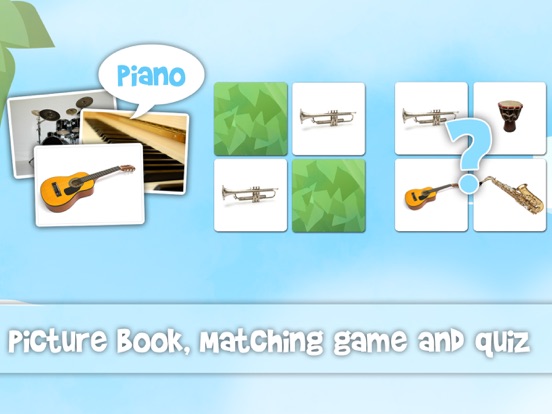 Musical instruments sounds flashcards and matching pairs game for kids and toddlers