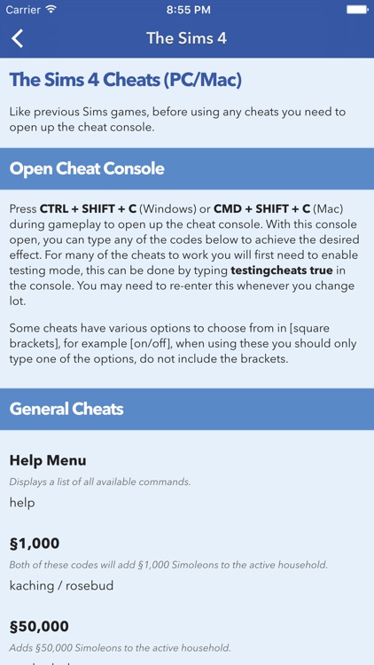 Cheats for The Sims
