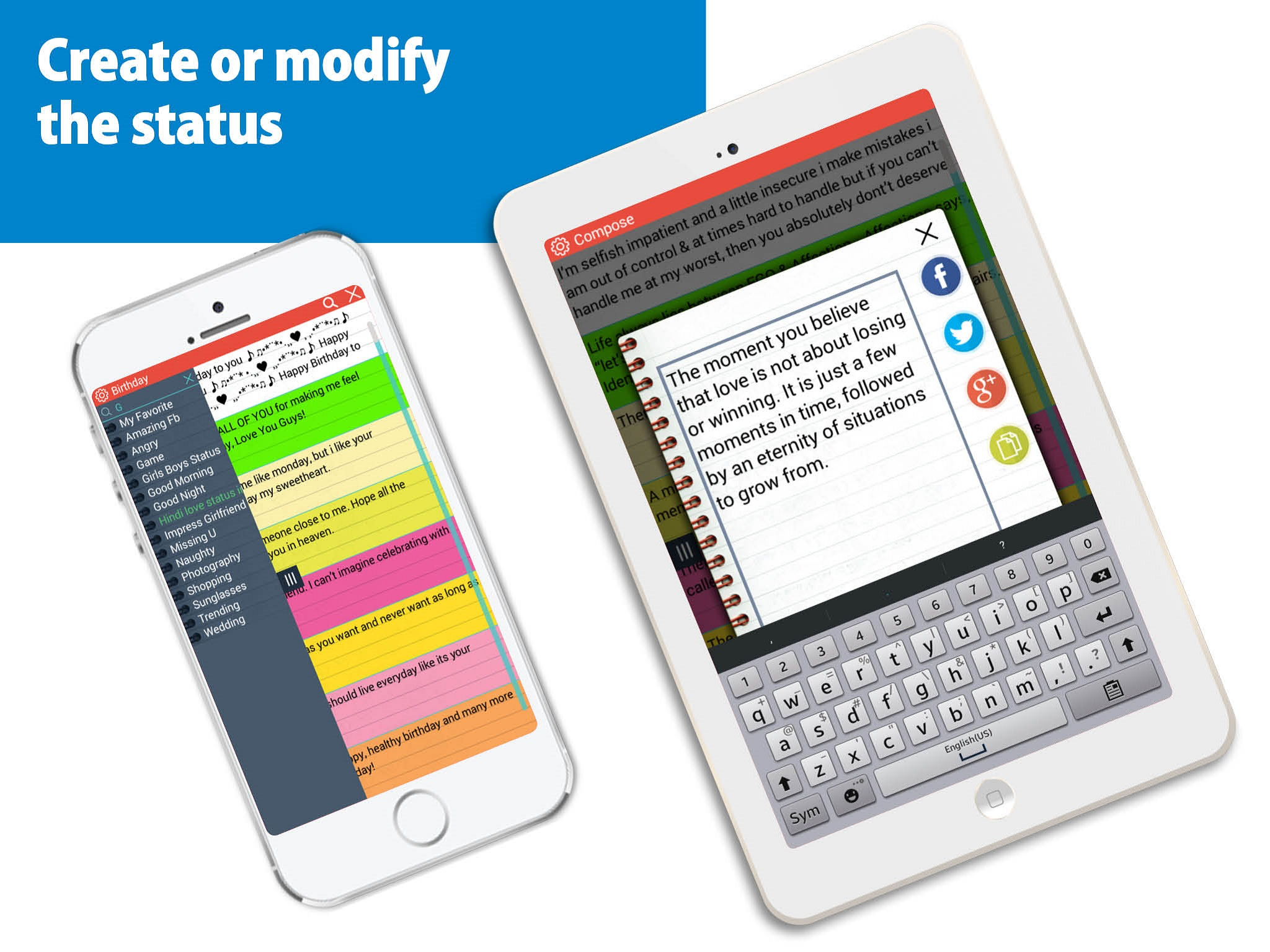 Status and quotes for FB, Whatsapp and Twitter, soStatus - one tap posting on social media