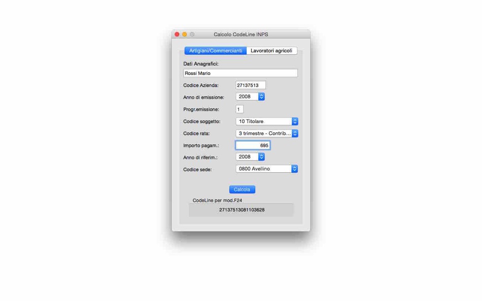 Calcolo CodeLine INPS (macOS) 由: Vincenzo Boiano Calcolo CodeLine INPS (macOS) 由: Vincenzo Boiano