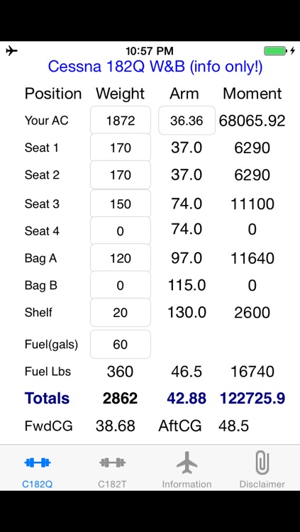 Skylane C182Q and C182T Weight and Balance Calculator