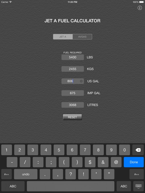Aviation Fuel Weight Calculator for iPad