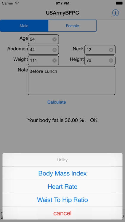 Army Body Fat Percentage Calculator for iPhone