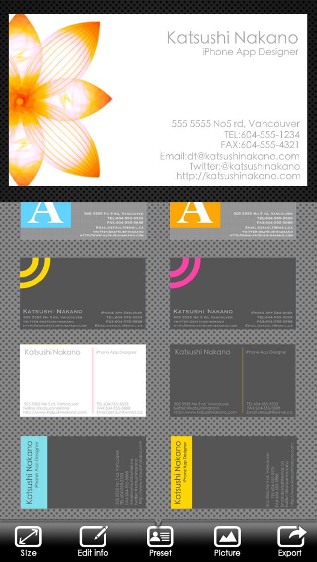 BusinessCardDesigner - 名刺作成ソフト、テンプレート with PDF, AirPrint and email function のスクリーンショット
