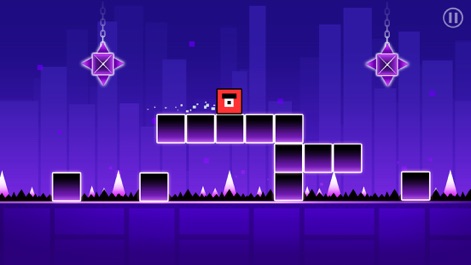 Geometry Run - Make The Block Dash - Users can experience precision platforming with the red block character, traversing an array of ascending block platforms while dodging treacherous spikes.