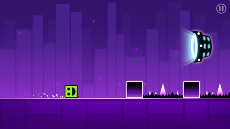 Geometry Run - Make The Block Dash - Explore the vibrant purple environment, featuring a cheerful green block character and a mysterious glowing speaker/portal that hints at rhythm-based gameplay.
