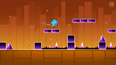Geometry Run - Make The Block Dash - Observe the expressive blue flying block as it soars through an engaging orange-themed level, demonstrating airborne navigation above various geometric obstacles.