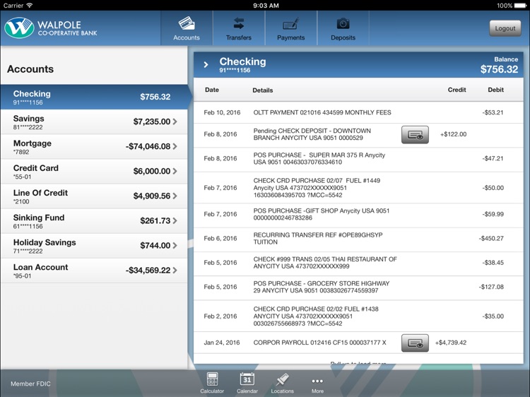 Walpole Co-operative Bank Mobile Banking for iPad