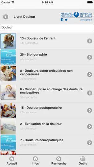 Capture d'écran de Livret Douleur AP-HP sur iPhone 3