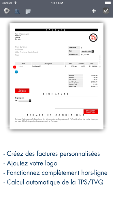 Facture Québec PDF | Application pour travailleur autonome avec signature et TPS et TVQ à jourのおすすめ画像1