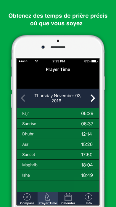 Screenshot #2 pour Qibla Compass-Prayer times:qibla boussole-prière