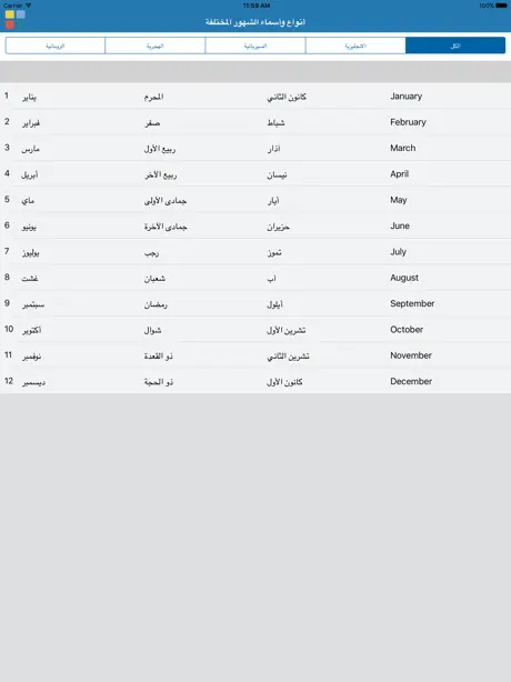 أنواع وأسماء الشهور المختلفة