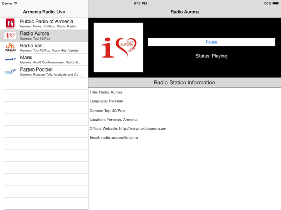 Armenia Radio Live Player (Armenian) iPad screenshot