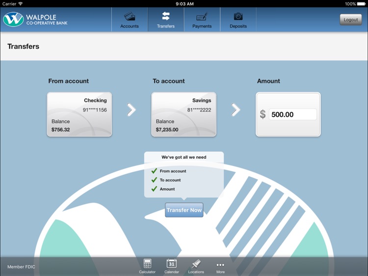 Walpole Co-operative Bank Mobile Banking for iPad screenshot-3