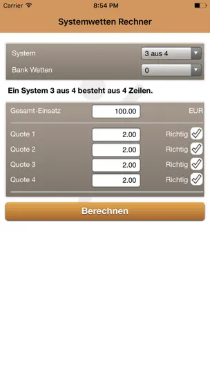 Screenshot von Systemwetten Rechner Der Wettbasis auf dem iPhone 1