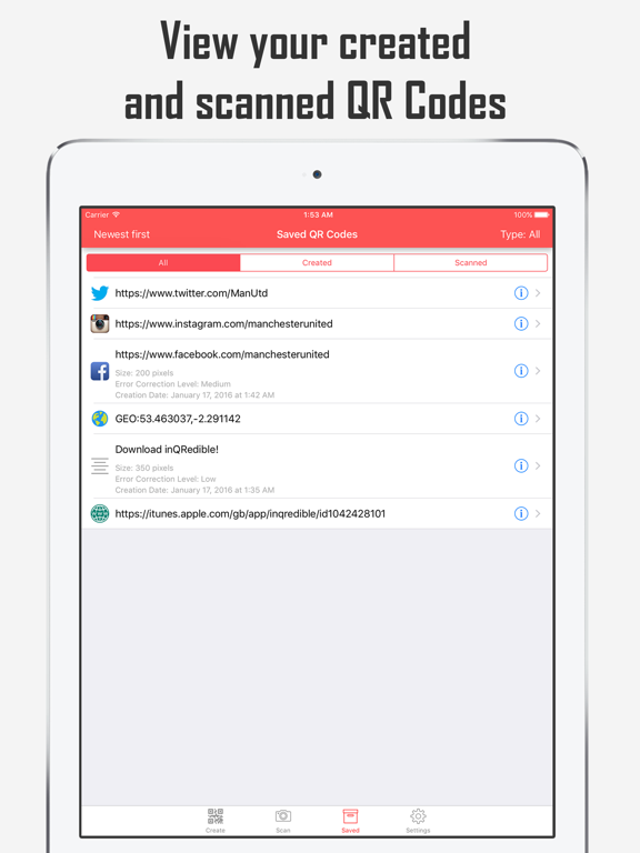 inQRedible - QR Code Reader and Creator iPad screenshot 4 - Utilities app