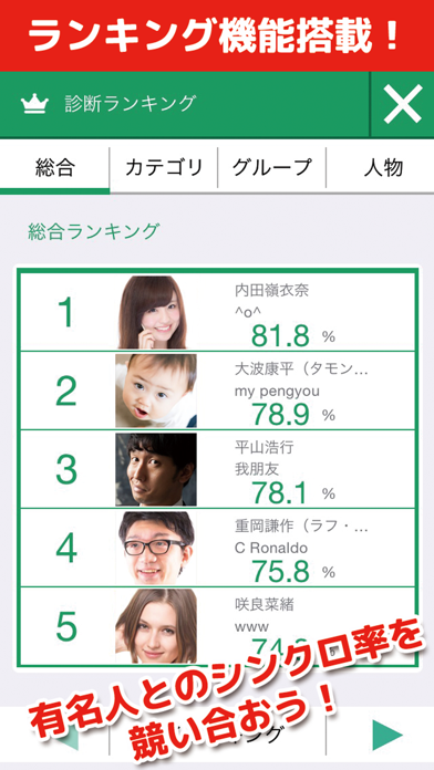 Screenshot #2 pour 有名人診断 & ランキング 〜おもしろコラ画像カメラ搭載