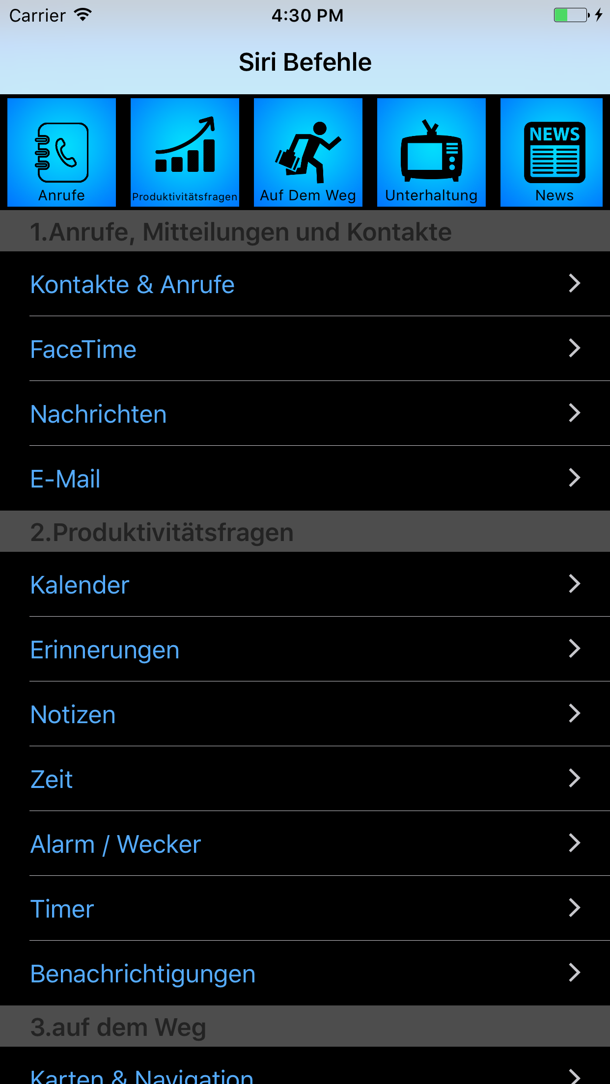 Befehlsliste für Siri