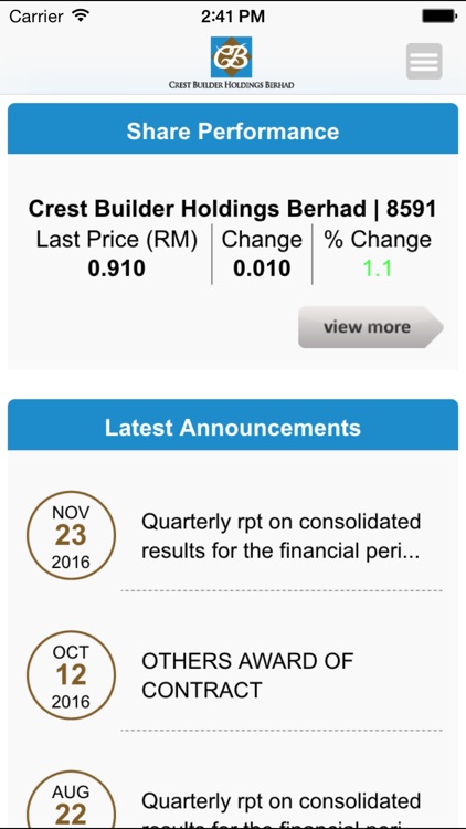 Crest Builder Holdings Berhad Investor Relations