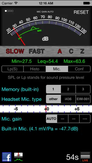 Capture d'écran de LogSPL sur iPhone 3