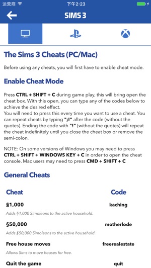 Cheat Codes For The Sims::Appstore for Android