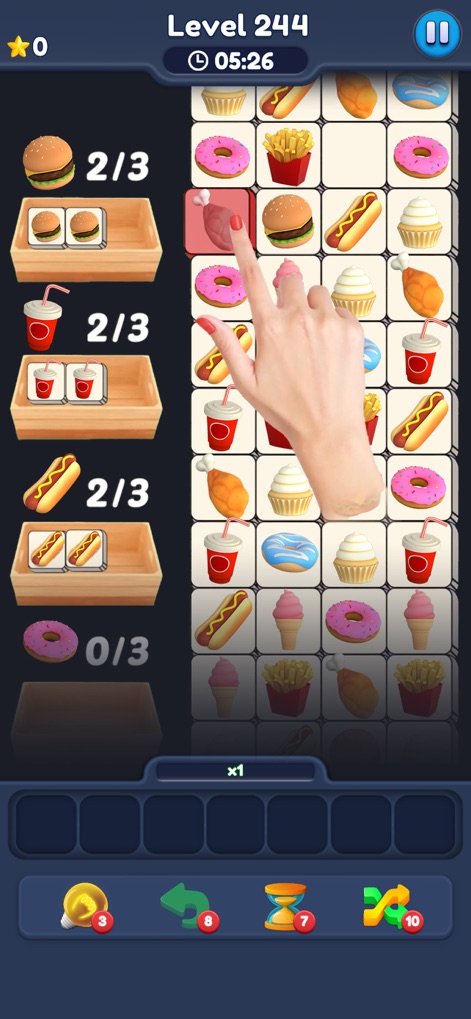 Food Match 3D: Tile Puzzle - Users can observe the structured grid of various food tiles and the specific target boxes indicating items to collect for each order.