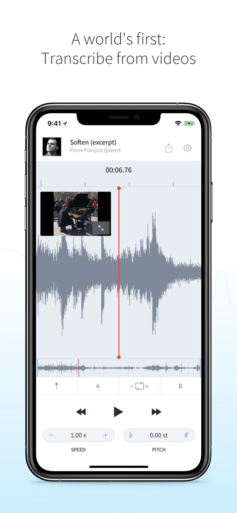 AudioStretch Lite - The app pioneers transcription directly from videos, displaying a seamlessly integrated video player above the detailed audio waveform for synchronized analysis.